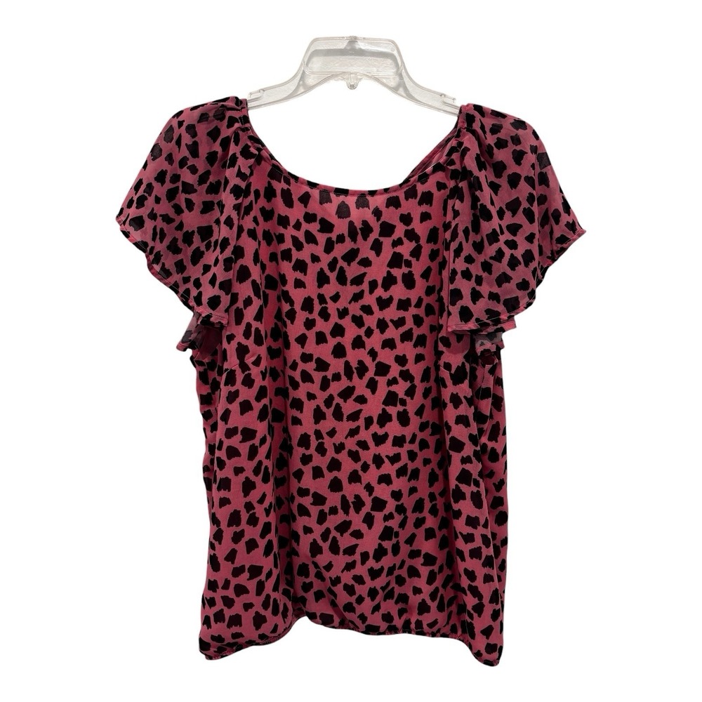 Sweet Pea Pink Leopard Print Blouse Womens L Sheer Flutter Sleeve Top